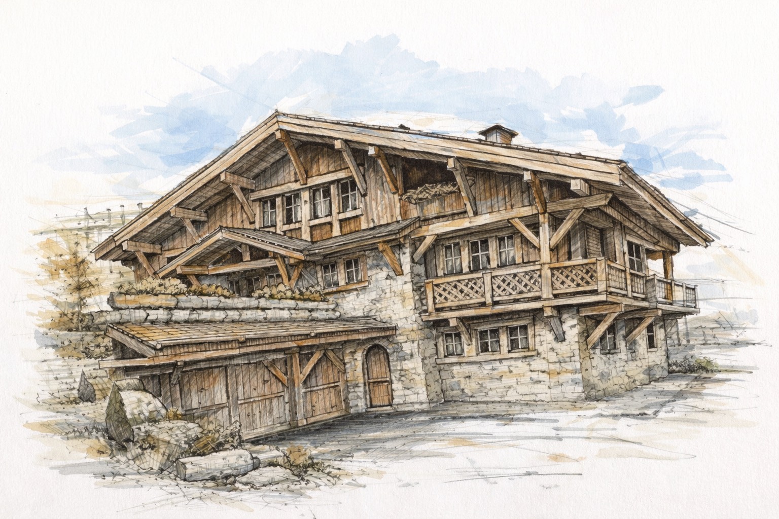 Esquisse façade chalet — Isabelle Dieu architecte Megève