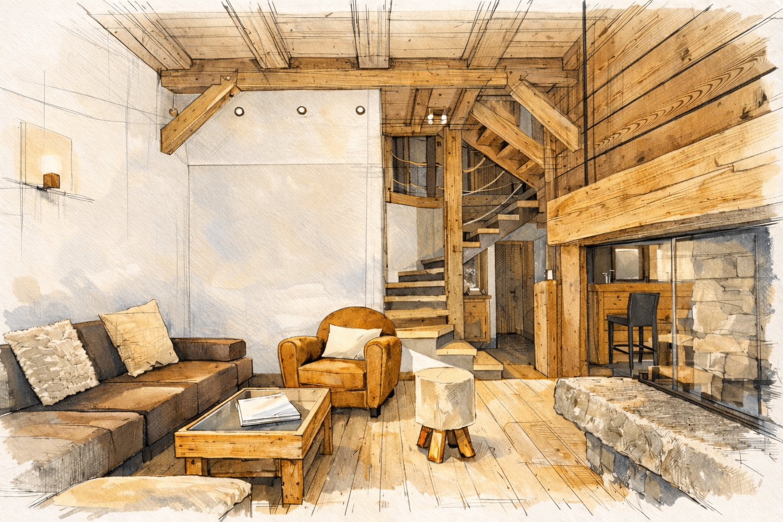 Esquisse architecturale intérieure — Atelier ID Architecture Megève